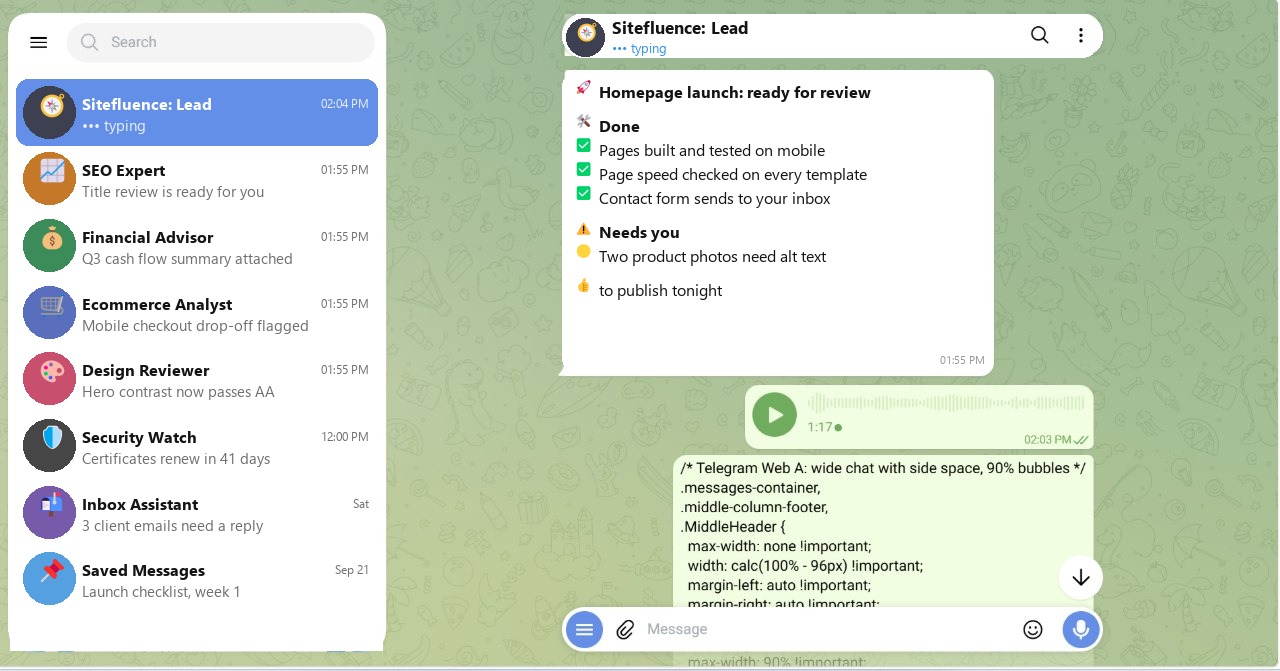 Telegram Web before the fix: messages squeezed into a narrow centre column with wide empty margins on both sides.