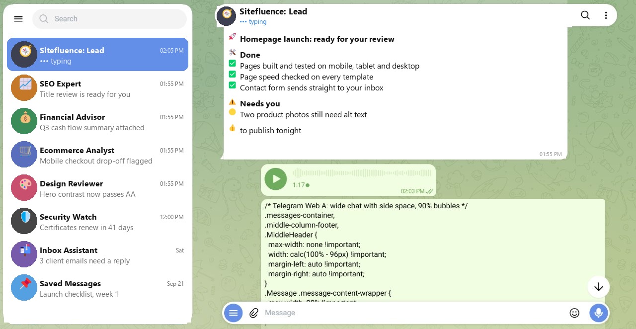 Telegram Web after the fix: the chat column and message bubbles stretch across the screen, so a full status report fits without scrolling.